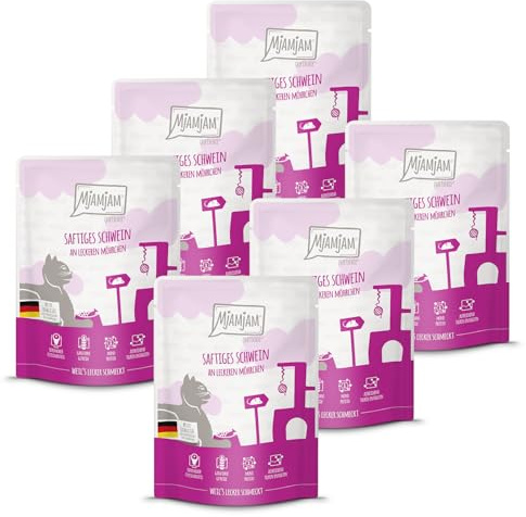 MjAMjAM - Premium nourriture humide pour chats - Quetschie - porc juteux aux carottes délicieuses, paquet de 6 (6 x 300g), sans céréales avec extra riche en viande