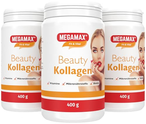 Megamax Nutrition - 3 X 400 g - Beauty Kollagen Pulver - mit Collagen-Hydrolysat Biotin Vitamin C. Orangen-Geschmack. Ideal als tägliche Ergänzung für Haut, Haare und Nägel*.
