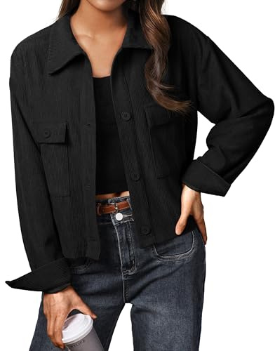 IWOLLENCE Jacket Women Ladies Casual Jackets Women’s Corduroy Shirt Jacket UK Lapel Button-Down Long Sleeves with Pockets (Black, M)