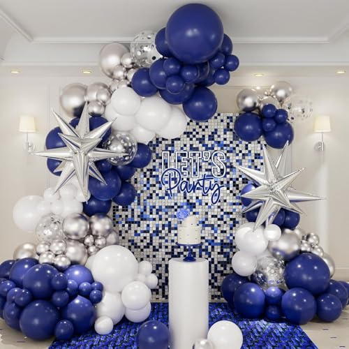 Kit de arco de guirnalda de globos azul marino y plateado, 146 globos de aluminio plateado metálico azul real con estrellas explosivas plateadas para decoraciones de graduación, cumpleaños, bodas y