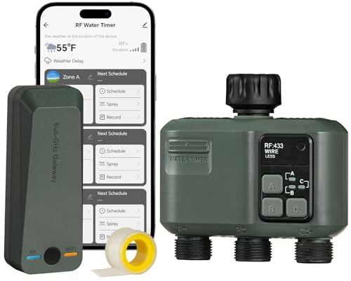 WiFi Water Timer for Garden Hose, Sprinkler Timer 3 Zone, 984ft RF Range, 3 Outlet Smart Hose Watering with APP WiFi Irrigation Controller, Automatic Irrigation System/Rain Delay/Manual Watering