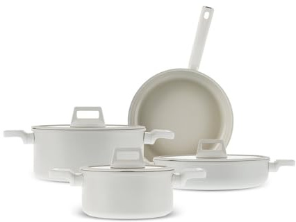 Karaca Valenti 7-delat keramiskt köksredskap set med glaslock, non-stick beläggning Swiss Crystal, kastrull, kastruller med lock och induktion, vit