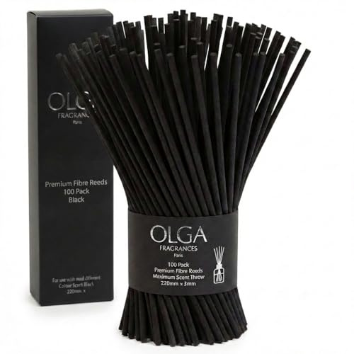 OLGA 100pcs Black Reed Diffuser Sticks – Diffuser Reeds Sticks 220mm x 3mm | Strong Scent Throw Ideal for Fragrance Oil Refills – Premium 8 Black Diffuser Sticks Last 90 Days & Fits All Bottles