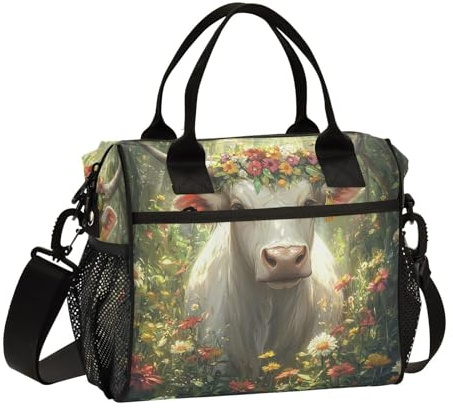 Boccsty Cow Horn Flowers Gress Kids Reusable Lunch Box Boys Girls Insulated Lunch Bag Women Men Cooler Tote Bag Organizer Meal Prep for School Office Picnic M