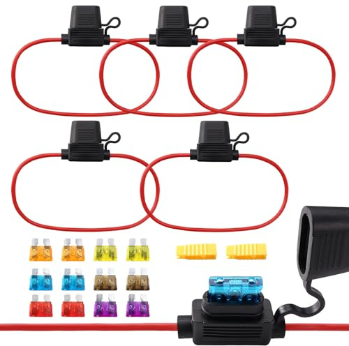 TUNOTYUE 5 Pezzi 16AWG Portafusibile In-Line, Impermeabile Lama Portafusibile, con 3/5/7.5/10/15/20 A Fusibile a Lama Standard e Estrattore Fusibili, per Auto, Barca, Camion, Moto, Caravan