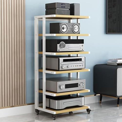 GDBTDL Mini HiFi Rack, 6-Tier Audio Component Stand with Wheels, Compact Turntable Shelf and Desktop Media Storage, Wood & Steel HiFi Gaming Rack for Vinyl, DVD Players, and Audio Equipment