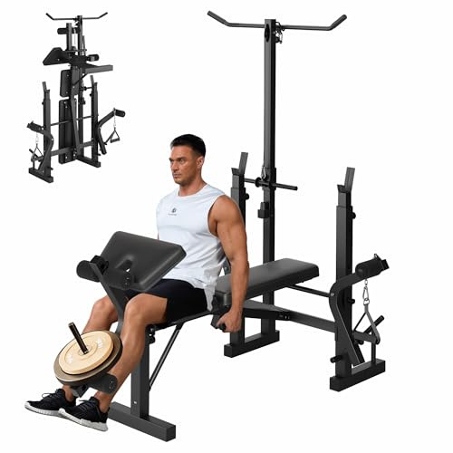 Multifunktional Hantelbank Klappbar, Verstellbar Hantelbank Set Mit Beincurler Haushalt Fitnessgeräter Für Kniebeuge, Bankdrücken, Rumpfbeuge,Training Bank Neigen, Beinbeuger Für Zuhause ﻿