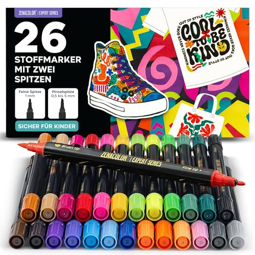 Zenacolor 26 Pennarelli per Tessuti Doppia Punta - Colori per Tessuti Permanenti e Lavabili - Pennarello Indelebile per Vestiti, Borse