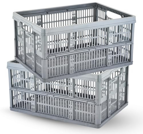 32L Foldable Storage Crates Collapsible Plastic Crate with Handles 2 Pack | 32L foldable storage crate and space-saving collapsible design for home, car, garage and everyday organisation