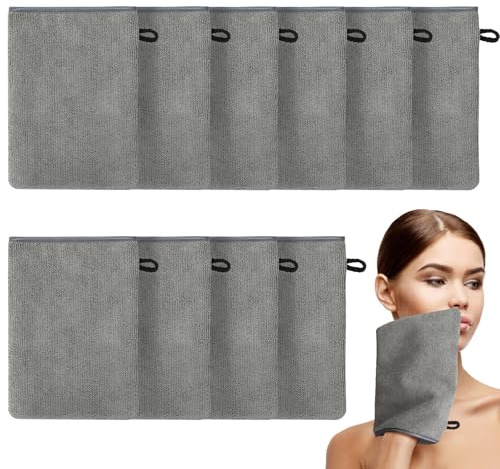 Qichan 10 Pcs Facial Mitts, 15 x 21cm Soft Bamboo Fiber Wash Mitts Body and Face, Reusable Makeup Remover Gloves, Gray Microfibre Face Cloth for Bath & SPA