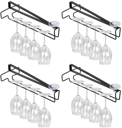 HOFURME 4 Pcs Wine Glass Holder, Stemware Rack Hanger Under Cabinet Wine Glass Rack Kitchen Hanging Glasses Storage Rack Organizer, Black