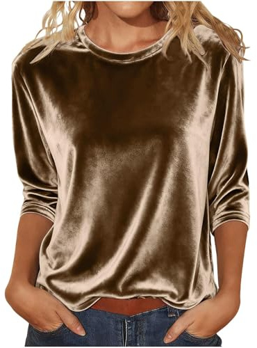 ZTFYKLIN Camiseta Camisas De Terciopelo con Mangas 3/4 para Mujer, Cuello, Blusas Dorado, Elegantes Las (Coffee, XL) Mujer Fiesta Camisetas Basicas Manga Larga Camisa Tejana Negras Oversize