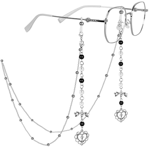 HONZUEN Chaine Lunettes Femme Noir Argent – Cordon de Lunettes de Soleil avec Breloque Cœur – Chaine Lunette Esthétique Tour de Cou en Perles – Anti-Perte pour Lunettes de Lecture
