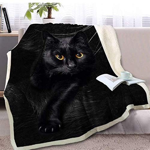 FEJK Schwarze Katze Decke auf Sofa 3D Tier Plüsch Sherpa Decke schöne Haustier Tagesdecken dünne Decke 150 * 180 cm