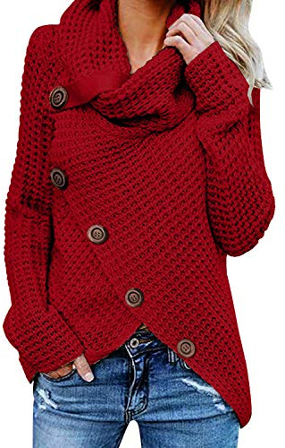Tuopuda Jerseys De Punto para Mujer Cuello de Tortuga Manga Larga Suelto Prendas de Punto Suéter Irregular Jerséis Collar de la Pila Tops Sudadera Casual Tallas Grandes Suéter Suelta(Rojo,XL)