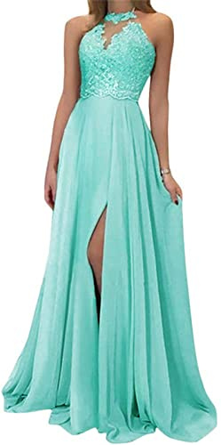 EGSDMNVSQ Abito da Sera in Chiffon Senza Maniche in Pizzo, Avvolgente in Tinta Unita per Damigella, Cocktail, Festa e Ballo - Lungo