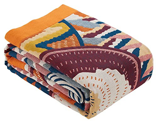 HOORDRY Baumwolle Tagesdecke 200x230cm, Weiche Decke Als Sofakissen Für Bett Couch, Wohndecke Mit Farbenfrohes Sonnendesign