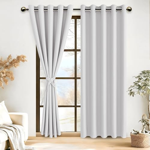 DWCN Greyish White Blackout Curtains 90 x 90 Inch with Tiebacks for Bedroom Thermal Insulated Solid Eyelet Curtains for Living Room,2 Panels,90 Wide x 90 Drop