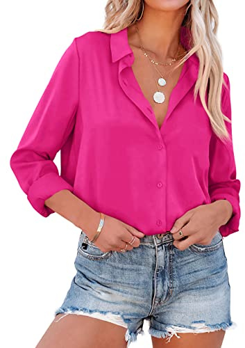 NONSAR Chemise élégante à Manches Longues et col relevé, Blouse pour Le Bureau, Haut décontracté, pour Femme(Framboise,M)