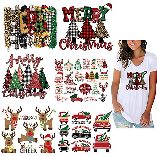 Christmas Heat Transfer Vinyl HTV Iron on for T-Shirts Classic Buffalo Plaid Iron Patches Black Red Green Xmas Appliques with Deer Letter Tree Elk Car Truck Leopard Design DIY Decals 6 Sheets