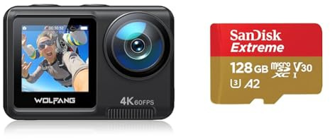 WOLFANG GA420 Action Cam 4K 60FPS 20MP WiFi Undervattenskamera 40M Vattentät EIS Bildstabilisator Dubbelskärmshjälmkamera & SanDisk 128 GB Extreme microSDXC-kort + SD-adapter + RescuePRO Deluxe