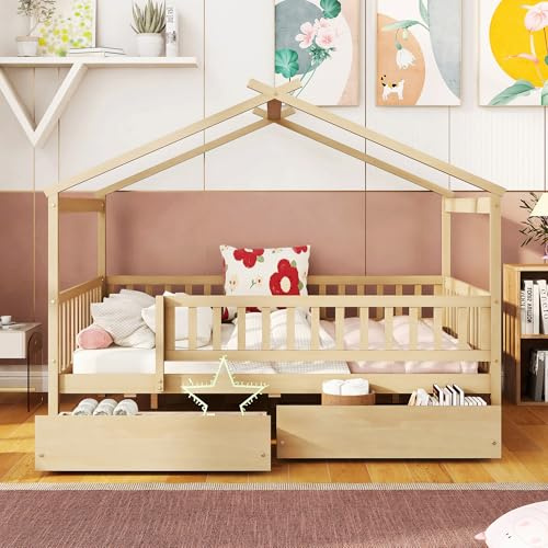 Harper & Bright Designs Full Size House Bed with Drawers, Wooden Full Montessori Bed Frame with Rails Fence and Roof for Kids Girls & Boys, Bedroom, Living Room (Natural)
