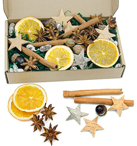 Set di 52 decorazioni natalizie, corona dell'Avvento, set creativo, decorazione naturale con stella in corteccia di betulla, fetta d'arancia, cedro, anice, cannella, ghiande, muschio verde scuro