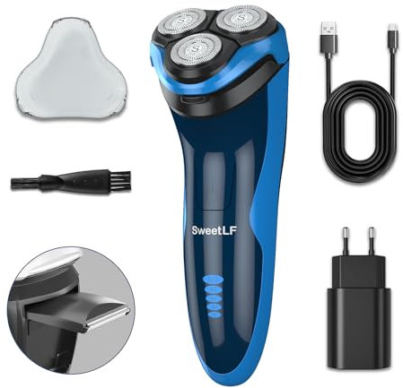 SweetLF [2024 New] Rasoir Electrique Hommes Wet & Dry avec 4D Têtes Rotatives, Rasoir Rechargeable avec Ecran LED, Rasage IPX7 Etanche + Tondeuse Barbe - Bleu Foncé