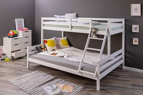 Inter Link – Etagenbett – Hochbett – Jugendbett -Stockbett – Kinderbett – Kiefer massivholz – Weiß – 2 Liegeflächen 90 x 200 und 140 x 200 cm - Ohne Lattenroste - Sleepy Cloud