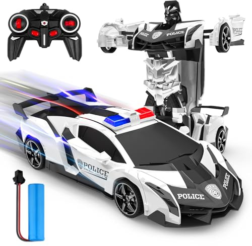 Voiture Télécommandée Enfants, 2 en 1 Jouets Robot/Voiture Police Transformable Rechargeable RC Car Course Radiocommande avec 360°Rotation, Idée Cadeau Anniversaire 3 4 5 6 7 8 9 Ans Garçon Fille
