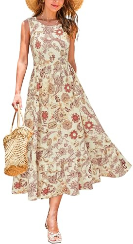 STYLEWORD Women's Summer Dress Ladies Sleeveless Floral Midi Dresses Ladies A Line Swing Casual Sundress with Pockets