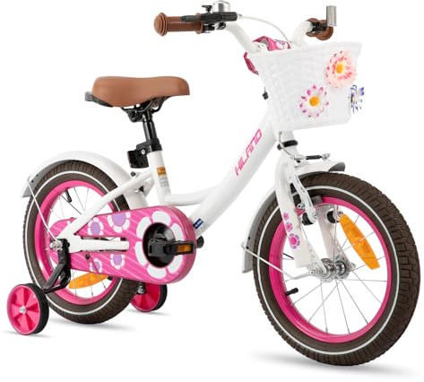 HILAND Petal 14/16 Inch Girls Kids Bike with Stabilisers, Children's Bicycle for 3-7 Years Old Girls with Basket & Bell, 16 inch Ivory