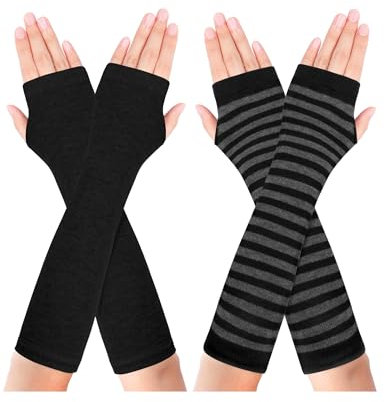 Becellen 2 Paar Lange Armstulpen, Thermo Gestrickte Fingerlose Handschuhe Warm Winterhandschuhe Dehnbar Handstulpen Pulswärmer mit Daumenloch Über für Damen Herren