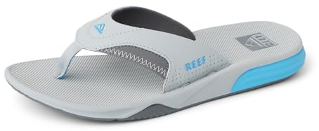REEF Cushion Fanning Mens Flip Flop, Arch Support, Durable Outsole, Water Friendly, Light Grey/Blue, 12