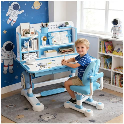 Altsuceser Kids Study Schreibtischstuhl-Set, höhenverstellbar, Kinder, Schule, Studium, Tischstuhl-Set mit Sitzkorrektur, ergonomischer Schreibtischstuhl mit Buchständer, Fußpedal, Trennwand-Design