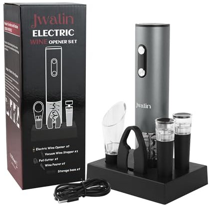 Jwalin Rechargeable Electric Wine Opener Gift Set – 6-in-1 Automatic Wine Bottle Opener with Foil Cutter, Aerator Pourer, 2 Vacuum Stoppers & Base Stand – Perfect Wine Gift for Wine Lovers