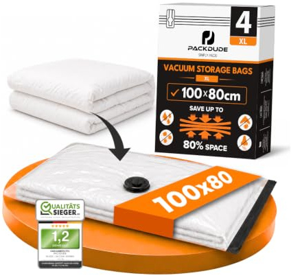 PACKDUDE XL Sacchi Sottovuoto Piumoni, Coperte e Vestiti I 4 PEZZI I Taglia XL: 100x80 cm I Sacchi Sottovuoto Grandi I Large Vacuum Bags for Bedding & Clothing I Sacchetti Sottovuoto Piumoni e Vestiti