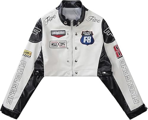 Aelfric Eden Dam konstläderjacka cropped racing jacka dragkedja lapptäcke bokstäver tryck motorcykeljacka Hiphop Y2K streetwear, svart, XL