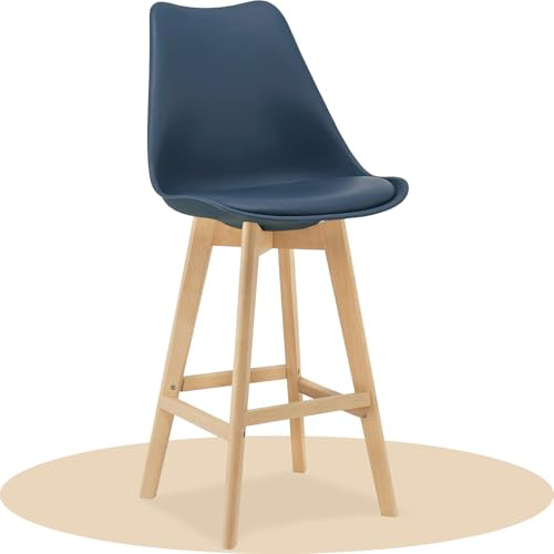 Dekohome Taburete Alto Cocina con Respaldo, Asiento Blando y Tapizado, Patas Altas Resistentes de Madera de Haya con Reposapiés, Sillas Nórdicas, Azul Oscuro, 1 Unidad