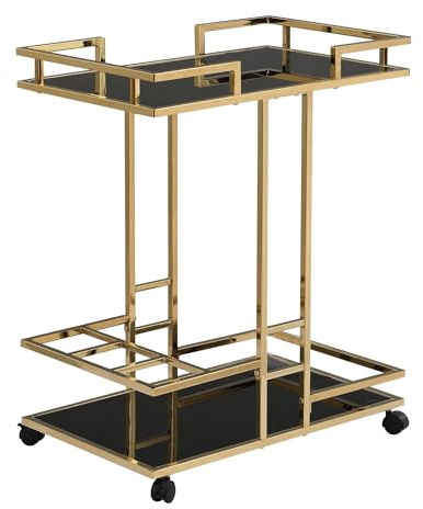 FineBuy Carrello di Servizio Oro Metallo con Ripiani in Vetro su Ruote 67,5x83,5x43 cm, Carrello Bar Moderno con Portabottiglie, Carrello da Tè per Bevande Soggiorno Cucina Bar Casa Carrello Multifunz