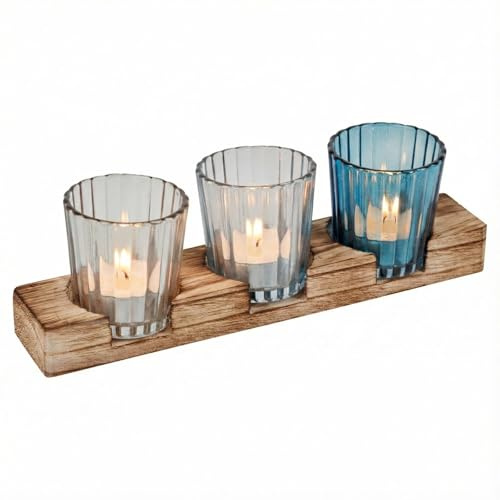 URBNLIVING 3-Piece Glass Tea Light Candle Holders Set – Coloured Votive Jars with Tray for Home Décor, Living Room & Gift