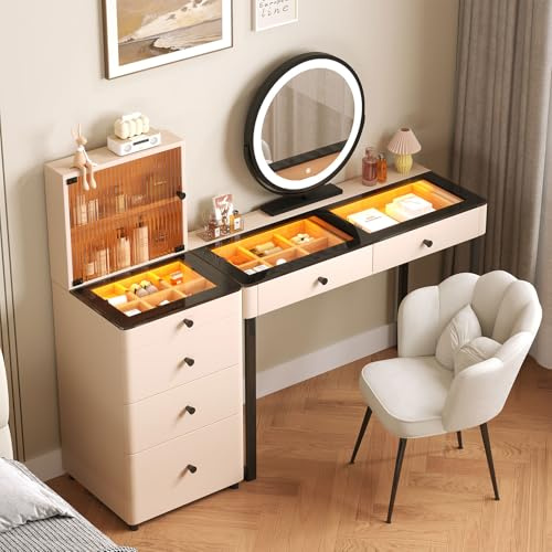 GRDSGRD Modern Dressing Table with Mirror and Lights, Vanity Table with Drawers and Stool, Tempered Glass Display Top, Pre-Assembled Makeup Table with Reversible Cabinet for Small Bedroom