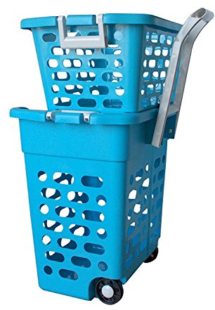 Panier à linge sur roulettes bleu avec poignée rétractable, 2 casiers, trieur blanchisserie, couleur, lingerie caddie pour shopping (22218)