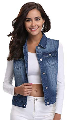 MISS MOLY Women Jean Vest Sleeveless Denim Vest with Chest Pockets Dark Blue M