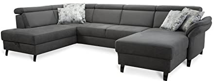 Cavadore Wohnlandschaft Ammerland mit Federkern, Schlafsofa mit Bettfunktion und Bettkasten, inkl. Kopfteilverstellung, 317 x 84 x 193, lederoptik anthrazit