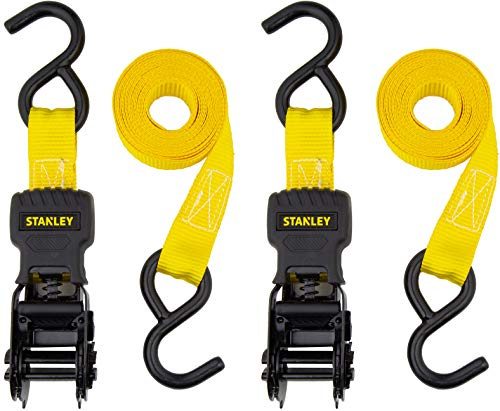 Stanley S10002 Black/Yellow 1 x 10' Ratchet Tie Down Straps - Light Cargo Hauling (1,500 lbs Break Strength), 2 Pack