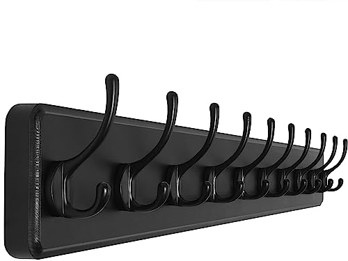 SKOLOO Large Black Wall Mounted Coat Rack - 38.6'' Long Coat Rack for Wall, Pine Solid Wood Coat Hook Hanger - 10 Hooks for Hanging Clothes Backpack Coats