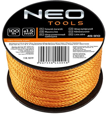 NEO TOOLS Maurerschnur 1.5 mm, 50m /100 m auf Spule, zum Anzeichnen von geraden Linien verwendet; die Spule besteht aus Kunststoff; starke, geflochtene Schnur, reißfest (100m)
