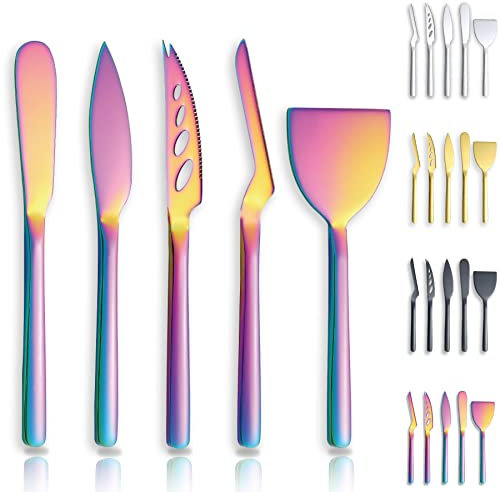 Berglander set 5 pezzi coltello formaggio, applicabile a tutti i formaggi, tagliacoltello in acciaio inox, design ergonomico, adatto per afferrare e tagliare, coltello da burro (Arcobaleno)