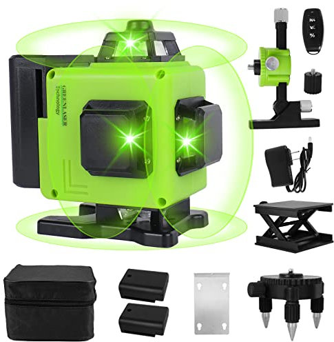 CALISTOUK Nivel Láser Autonivelante, 4D 16 Líneas, 360 Grados, Nivel Láser de Línea Verde Cruzada, con Control Remoto, Base de Elevación, Base Giratoria, con 2 Baterías Recargables